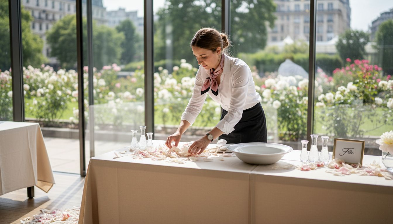 Elegant event table decorated with delicate peony petals creating a natural and sophisticated displa