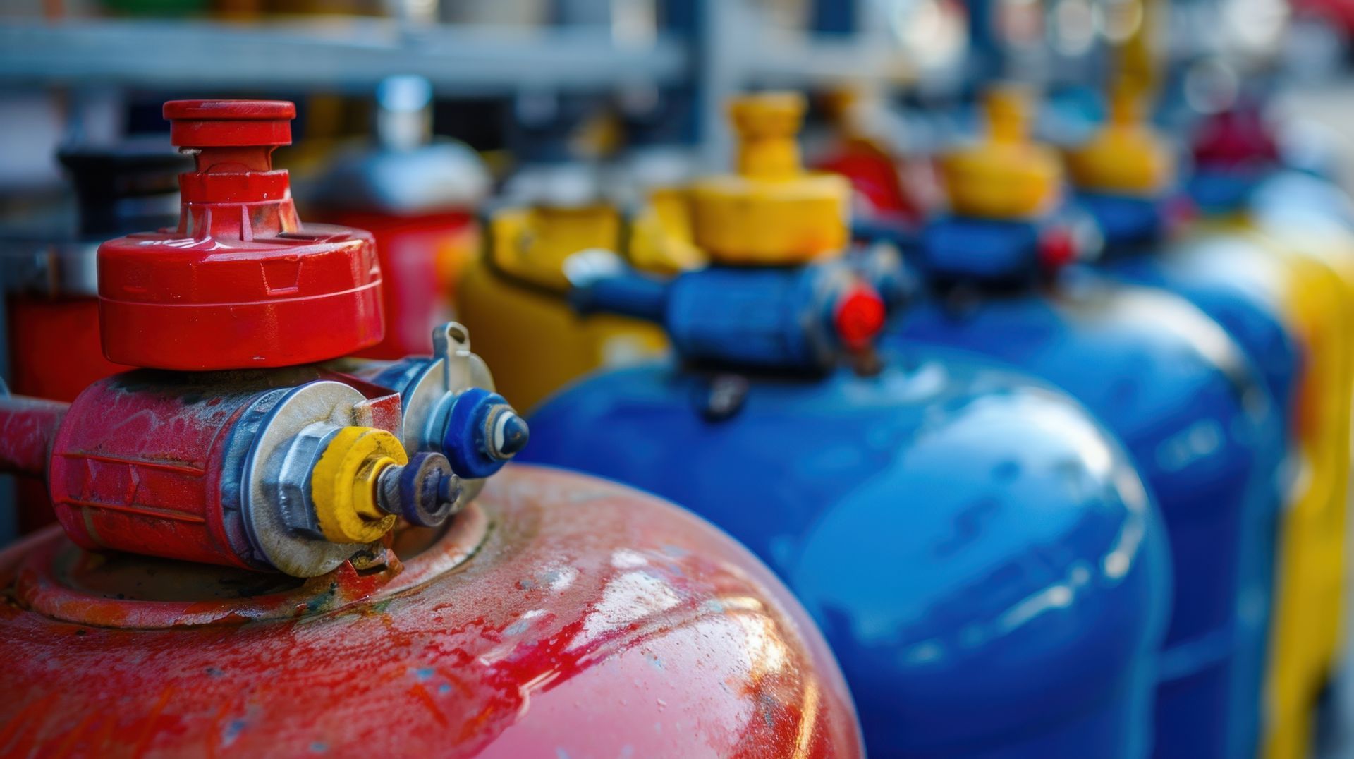 propane supplier tanks with red and blue gas cylinders lined up ready for residential delivery. propane supplier tanks with red and blue gas cylinders lined up ready for residential delivery.