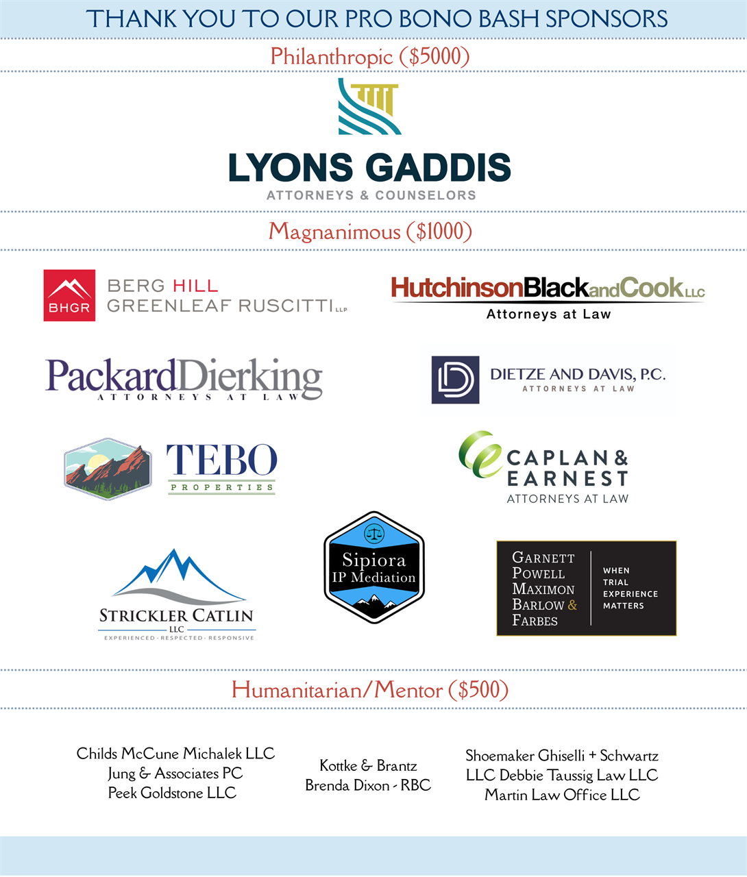 Thank-you poster listing pro bono BASH sponsors with multiple law firm logos and names