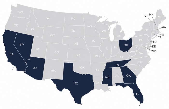 A map of the United States with California, Nevada, Arizona, Texas, Mississippi, Georgia, Florida, and Ohio highlighted.