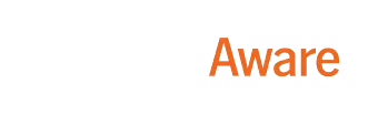 The word aware is written in orange on a white background.
