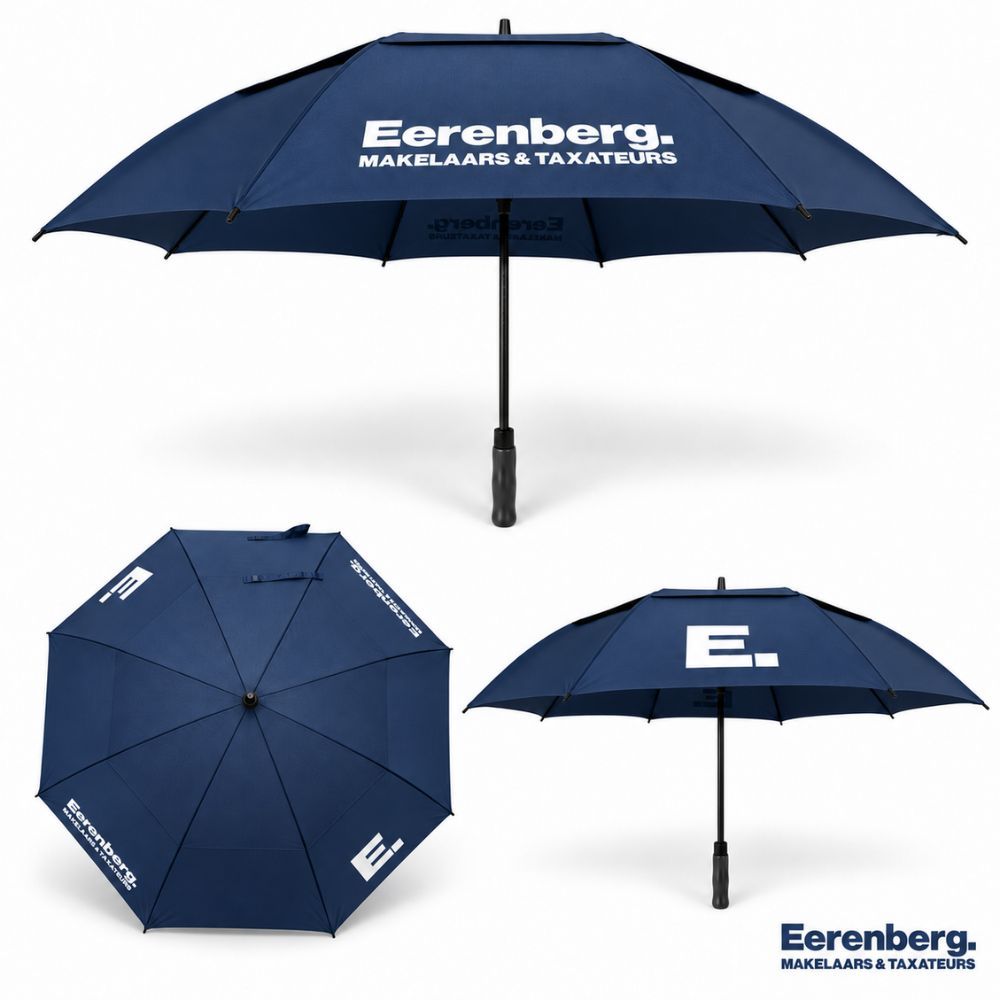 Storm umbrella Eerenberg Makelaars & Taxateurs Navy double-canopy storm umbrella with Eerenberg Makelaars & Taxateurs branding