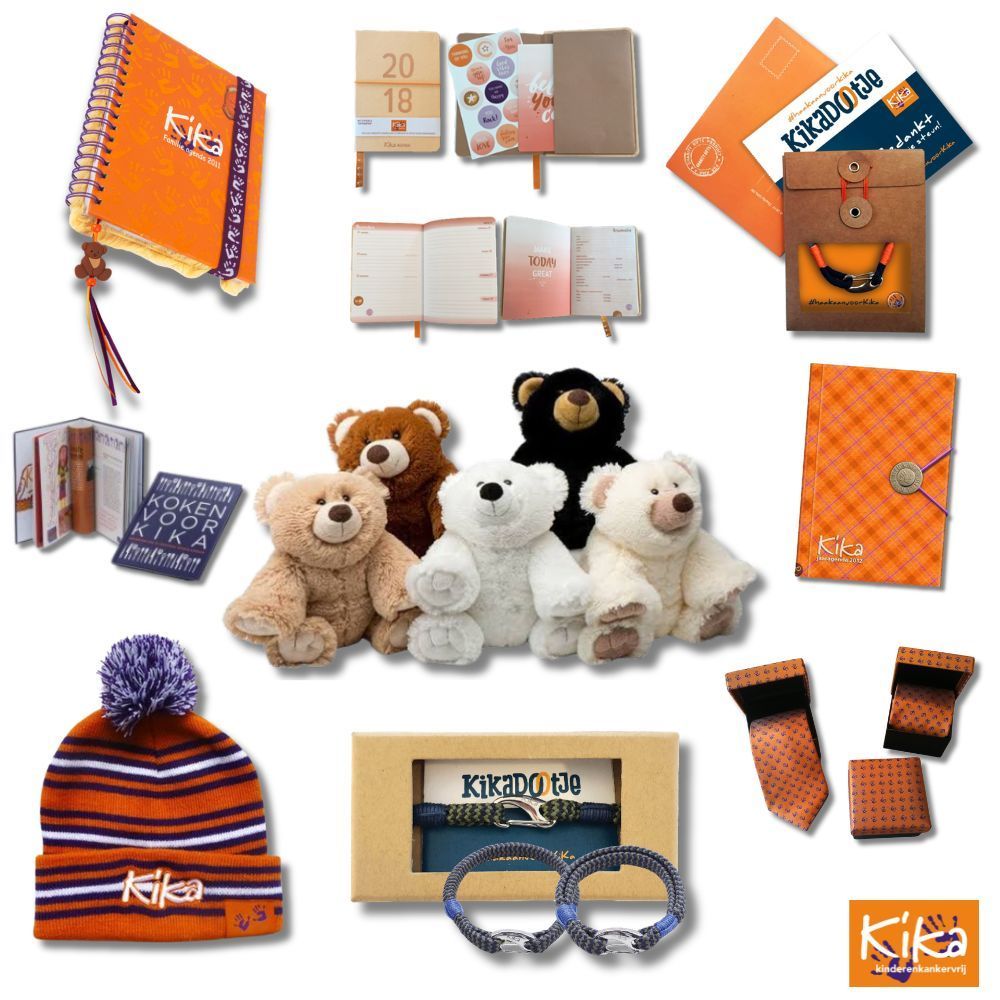 KiKa-merchandise: knuffelberen, gezinsplanners en agenda’s, kookboek, gebreide muts, zijden stropdas en armbandjes