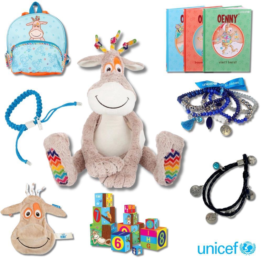 UNICEF-merchandise rond Oenny: knuffel, knuffeldoekje, stapelblokken, kinderboeken, kinderrugzak en armbandjes