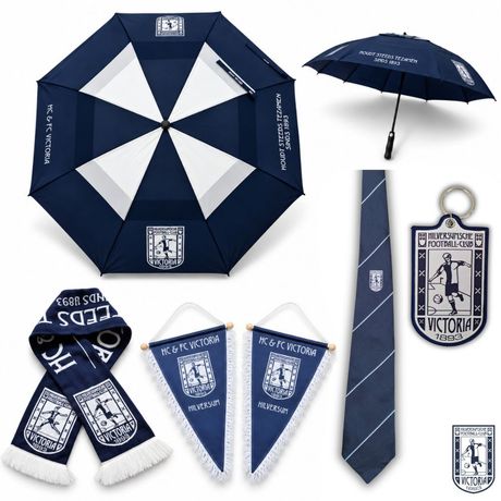 Merchandise voor HC & FC Victoria 1893: gebreide sjaal, vaantjes, clubdas, geweven sleutelhanger en golfparaplu