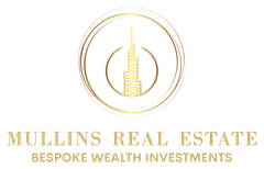 Gold logo for Mullins Real Estate. A skyscraper is within a dotted circle, and text below reads