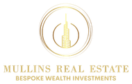 Gold-colored logo for Mullins Real Estate featuring a skyscraper inside concentric circles. Below, text reads