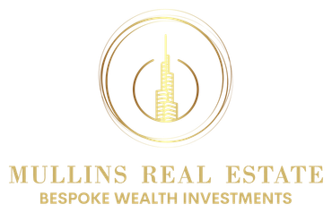 Gold-colored logo for Mullins Real Estate featuring a skyscraper inside concentric circles. Below, text reads