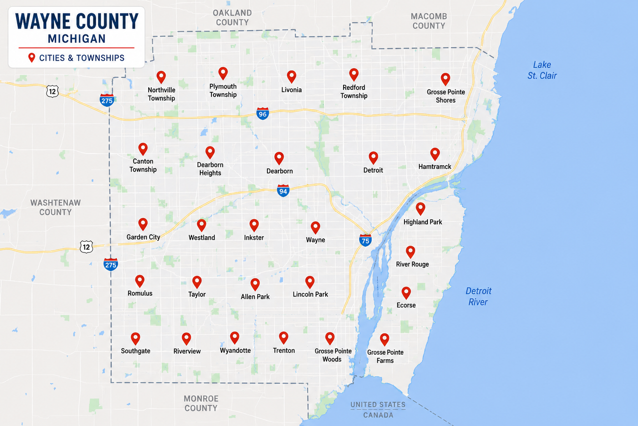 Wayne County city map with numbered locations marked by red pins on a light blue background