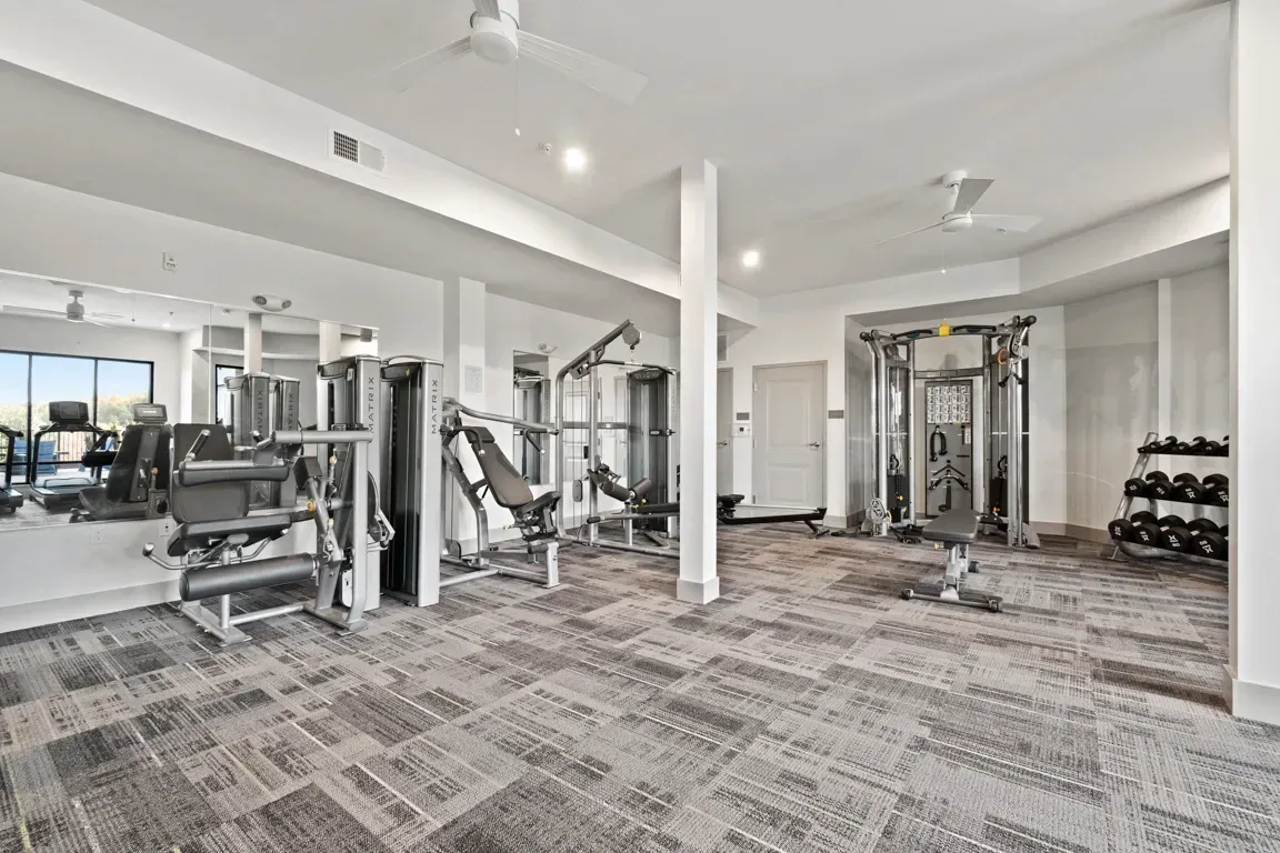 Fully equipped fitness center with weight machines and dumbbells.