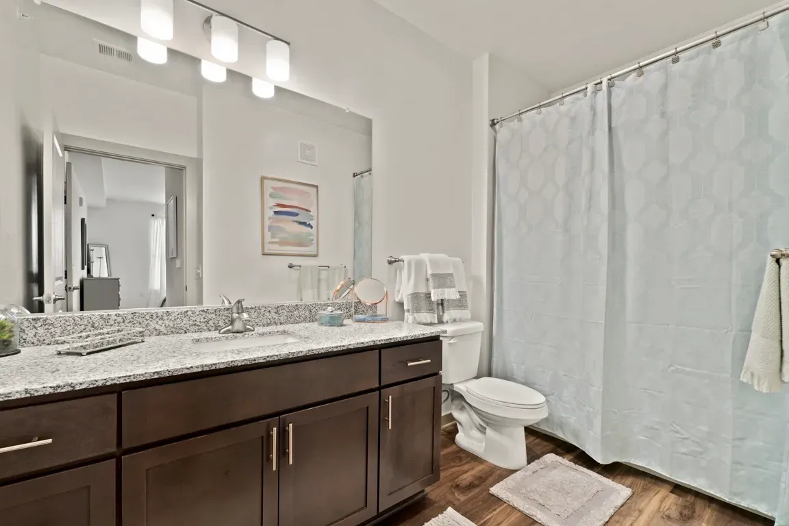 Modern bathroom with double vanity, granite countertops, and walk-in shower.