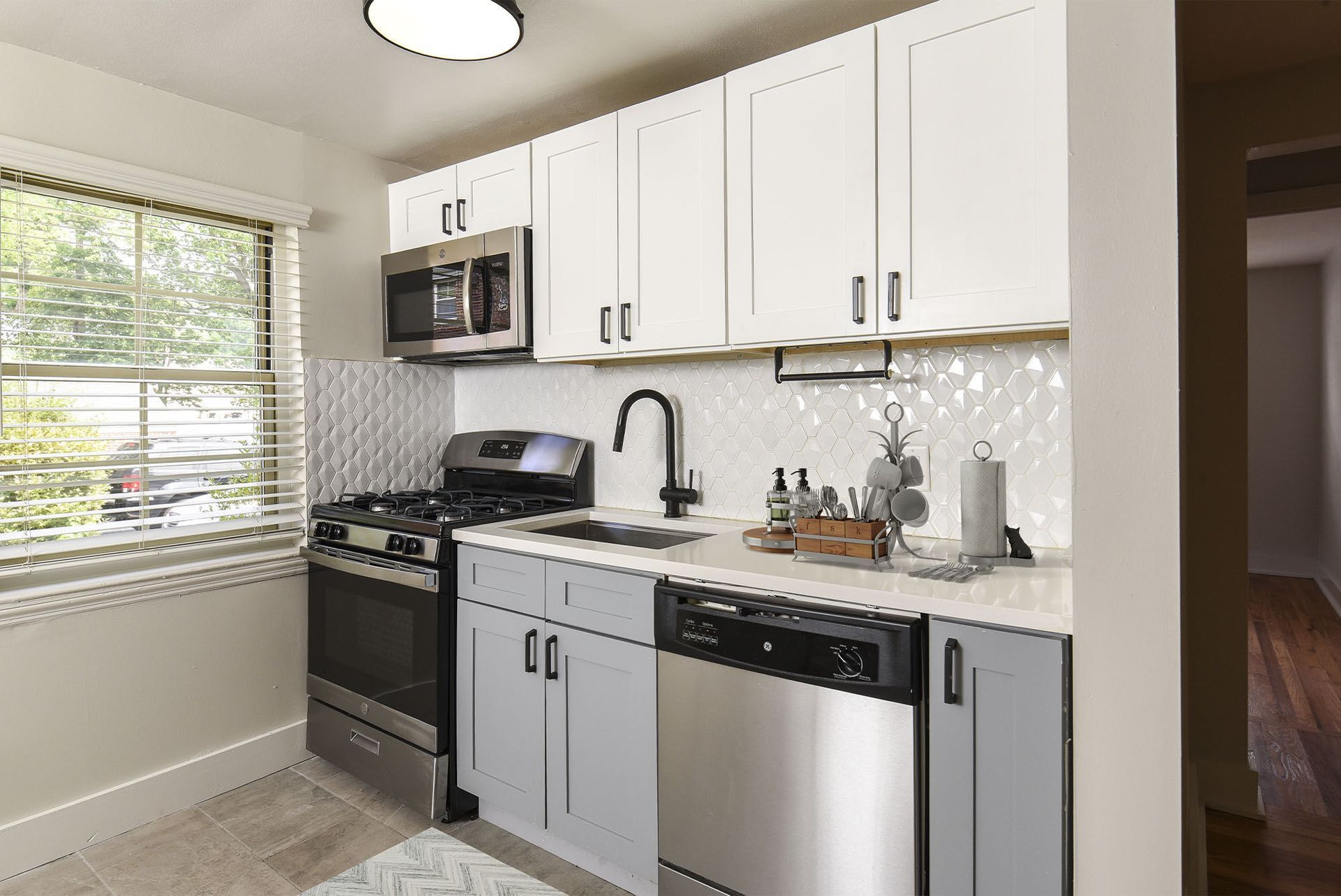 Kitchen with black stove.