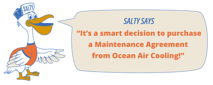 Cartoon seagull beside speech bubble: “It’s a smart decision to purchase a Maintenance Agreement from Ocean Air Cooling!”