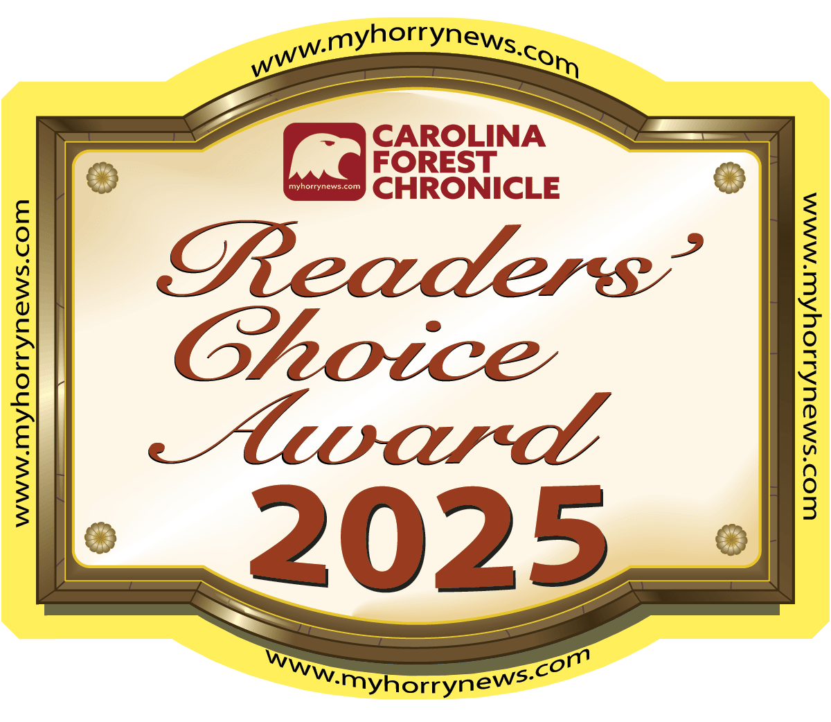 Myrtle Beach Herald Readers’ Choice Award 2025 gold plaque with blue script and website border