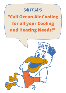 Cartoon duck mascot with speech bubble: “Call Ocean Air Cooling for all your Cooling and Heating Needs!”