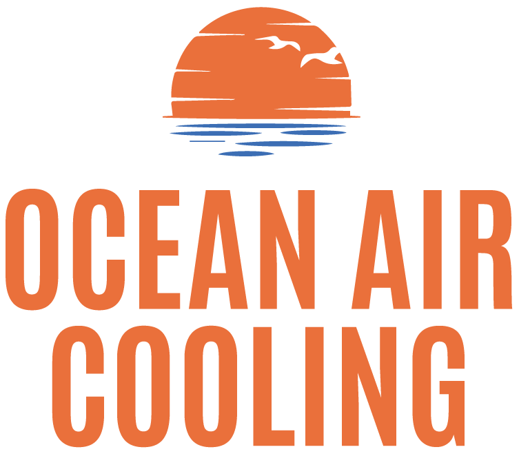 Ocean Air Cooling logo with orange sun and blue waves above text