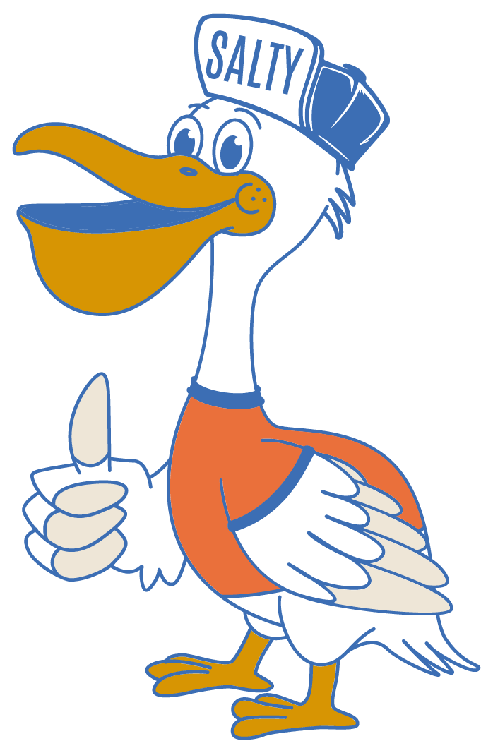 Cartoon duck mascot with SALTY hat, giving a thumbs up and smiling.