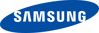Samsung logo in white on a blue oval background