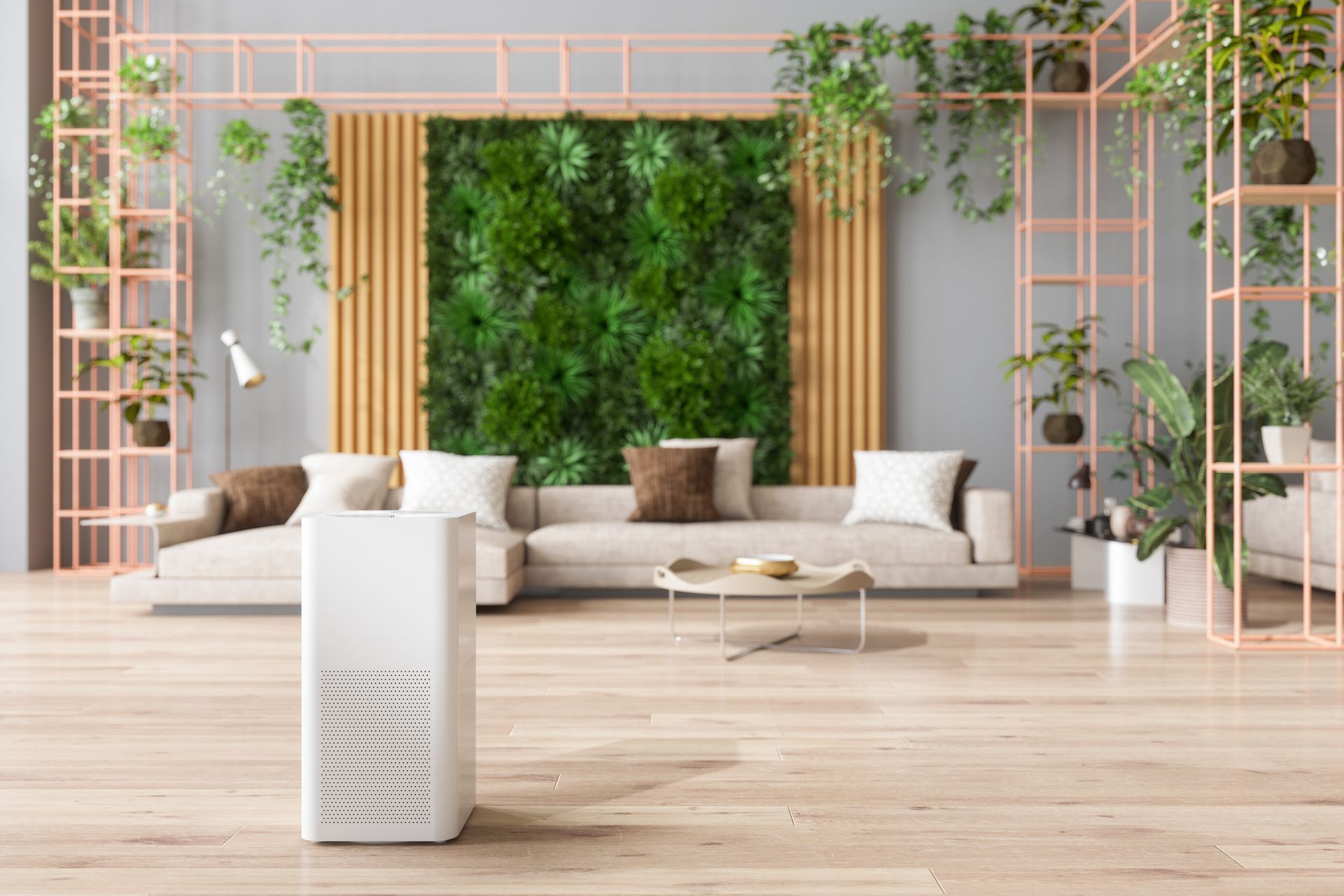 Modern air purifier operating in living room to improve indoor air quality in Grand Strand home.