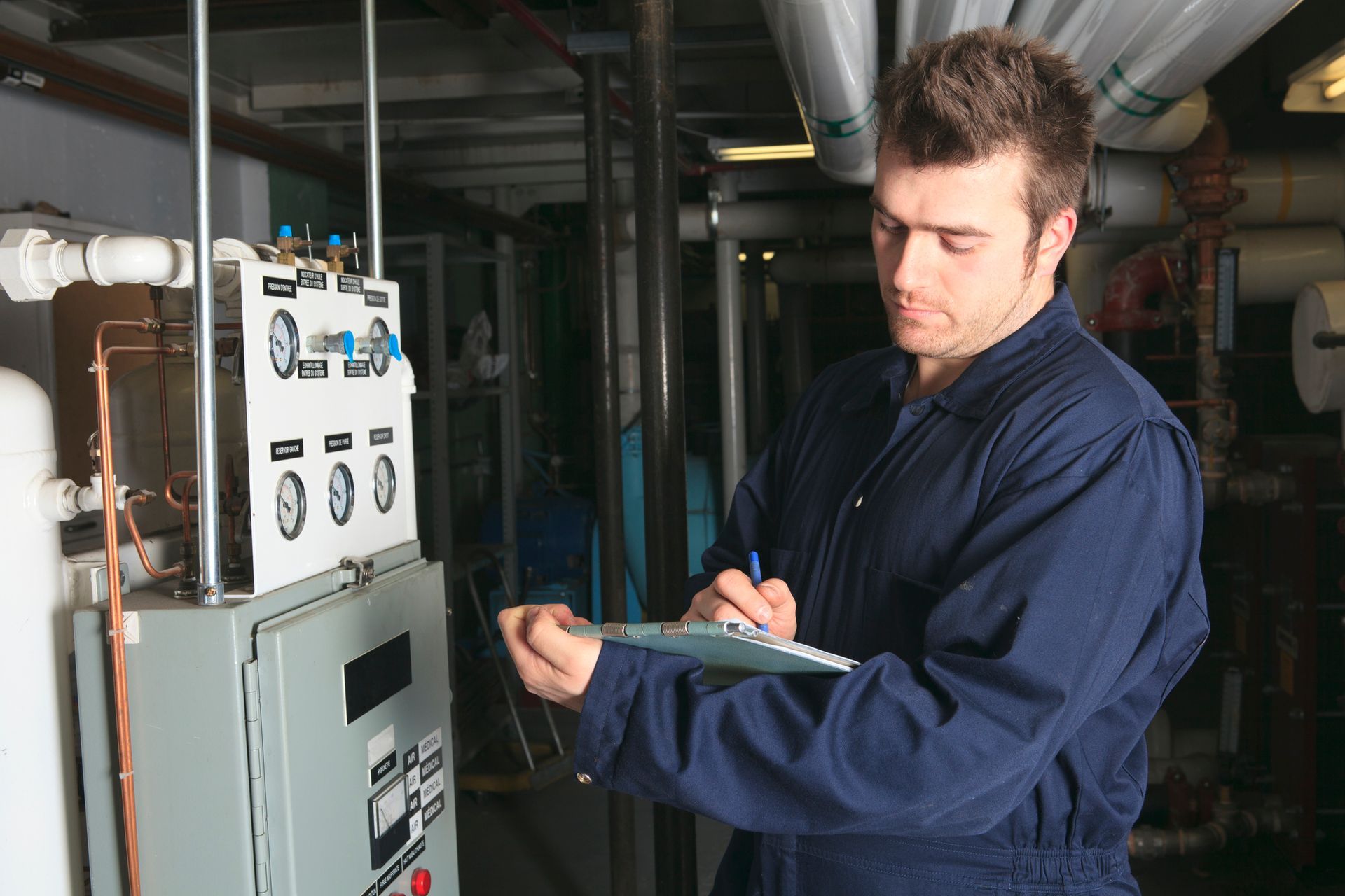Ocean Air Cooling HVAC technician inspecting a residential gas furnace during winter preparation.