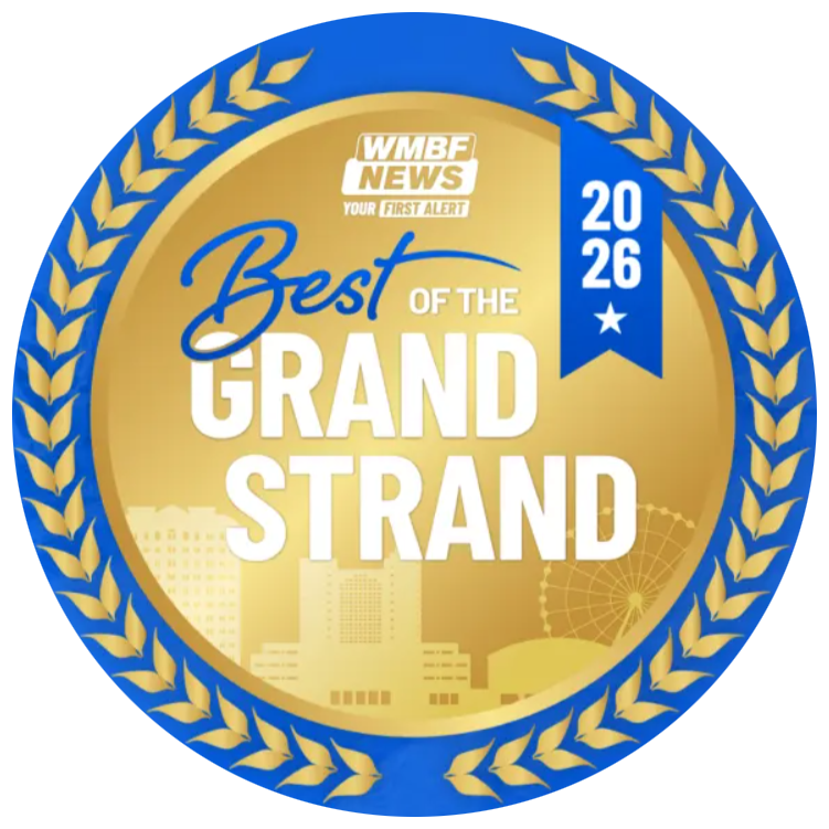 Myrtle Beach Herald Readers’ Choice Award 2025 gold plaque with blue script and website border