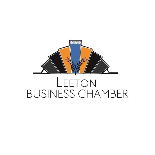 Leeton Business Chamber logo: abstract building design in orange, blue, and black with text below.