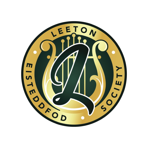 Leeton Eisteddfod Society logo: Gold circle, green background, stylized lyre, large letter 
