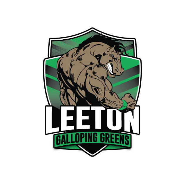 Leeton Galloping Greens logo: muscular horse flexing in front of green and black shield. 