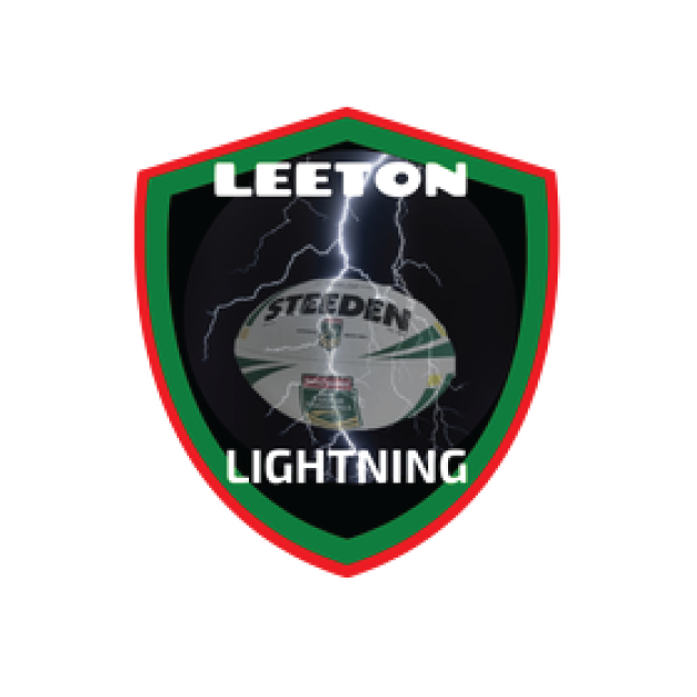 Leeton Lightning logo: rugby ball with lightning, green and red shield, black background, white text.