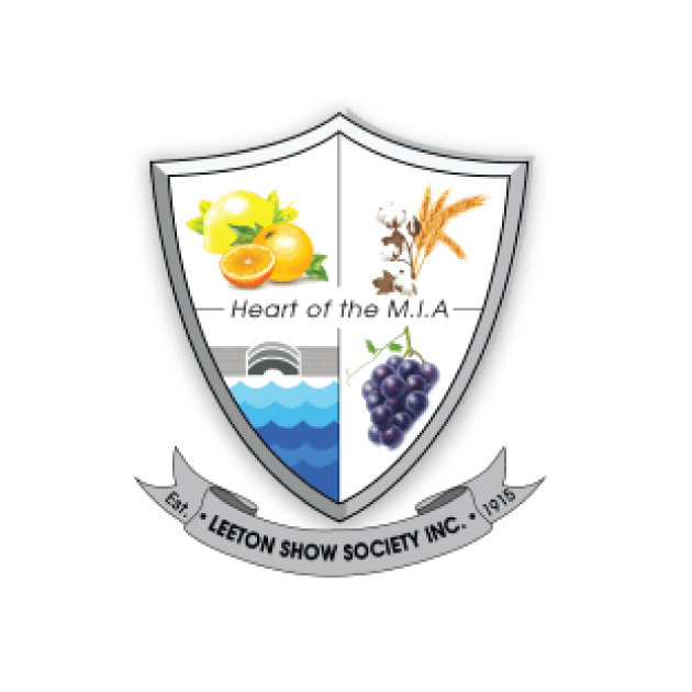 Shield emblem of Leeton Show Society Inc. with four sections: citrus, cotton, wheat, grapes.