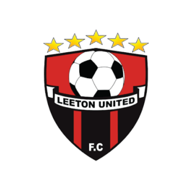Leeton United F.C. logo: shield with a soccer ball, stars, and 