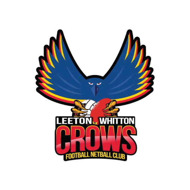 Leeton-Whitton Crows logo: a blue crow with yellow/red wings holding a red ball, over text 