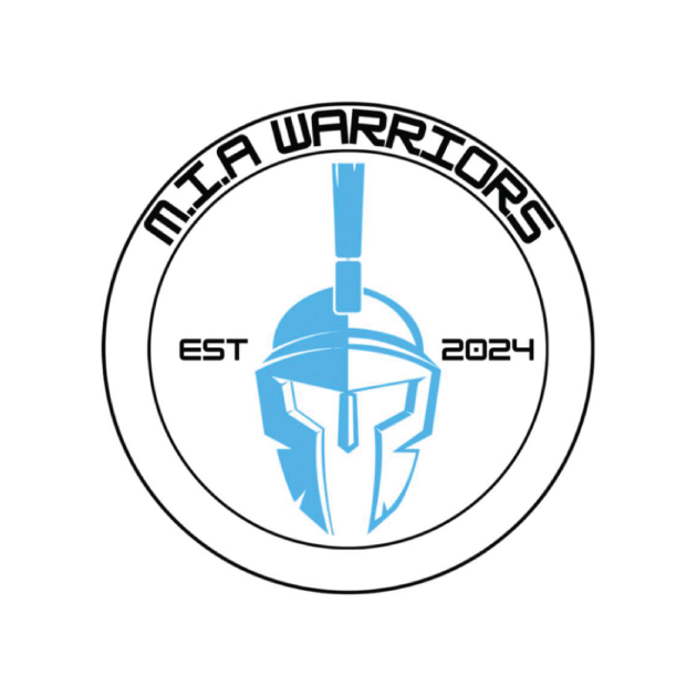 M.I.A Warriors logo with a blue Spartan helmet inside a circle, text 