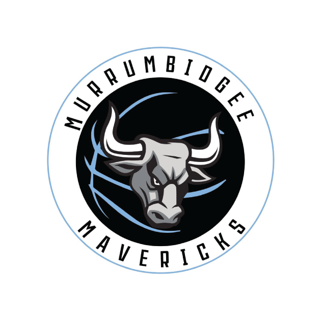 Murrumbidgee Mavericks logo: gray bull head over a light blue basketball on a black background, encircled by text.
