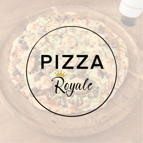 Pizza Royale logo over a pizza, on a wooden surface.