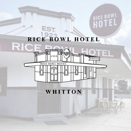 Rice Bowl Hotel in Whitton, NSW. Line drawing of the building overlaid on a blurred photo of it.