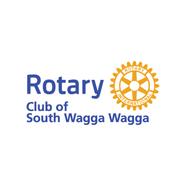 Rotary Club of South Wagga Wagga logo: blue text and a gold gear symbol with 
