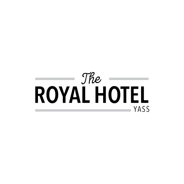 Logo of The Royal Hotel Yass, black text on white with gray lines.