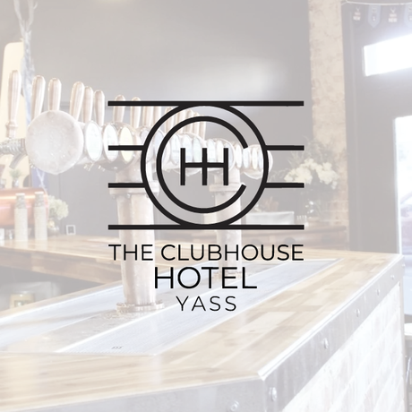 Logo for The Clubhouse Hotel Yass. Black emblem over a bar setting.