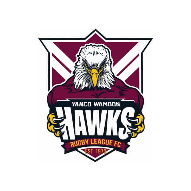 Logo of the Yanco Wamooh Hawks Rugby League FC: an eagle with a fierce expression, in burgundy and gold on a shield.