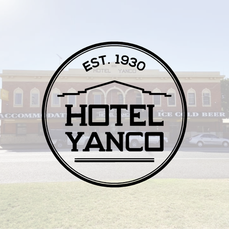 Logo for Hotel Yanco. Black circle with building design, 