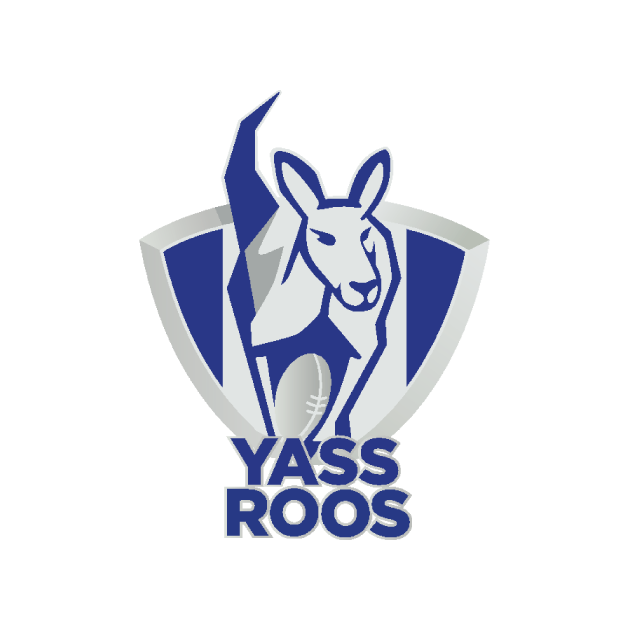 Yass Roos logo: Blue and white kangaroo with football, shield background, 
