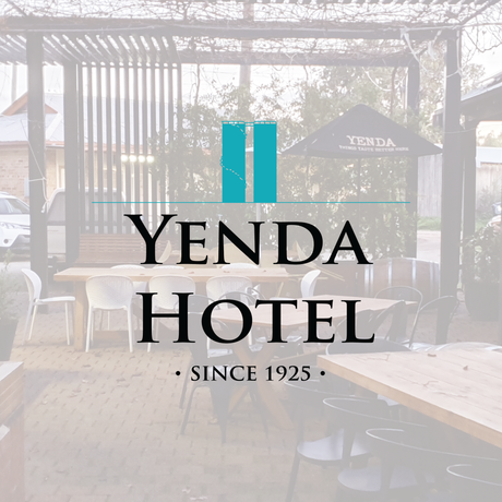 Yenda Hotel logo on a blurred outdoor setting with tables, chairs, and a pergola; tagline 