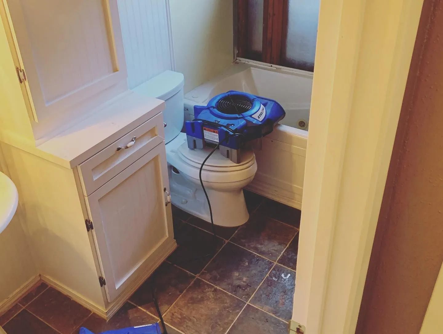 Small bathroom with a toilet, white cabinet, dark tile floor, and a blue cleaning caddy on the toilet seat.
