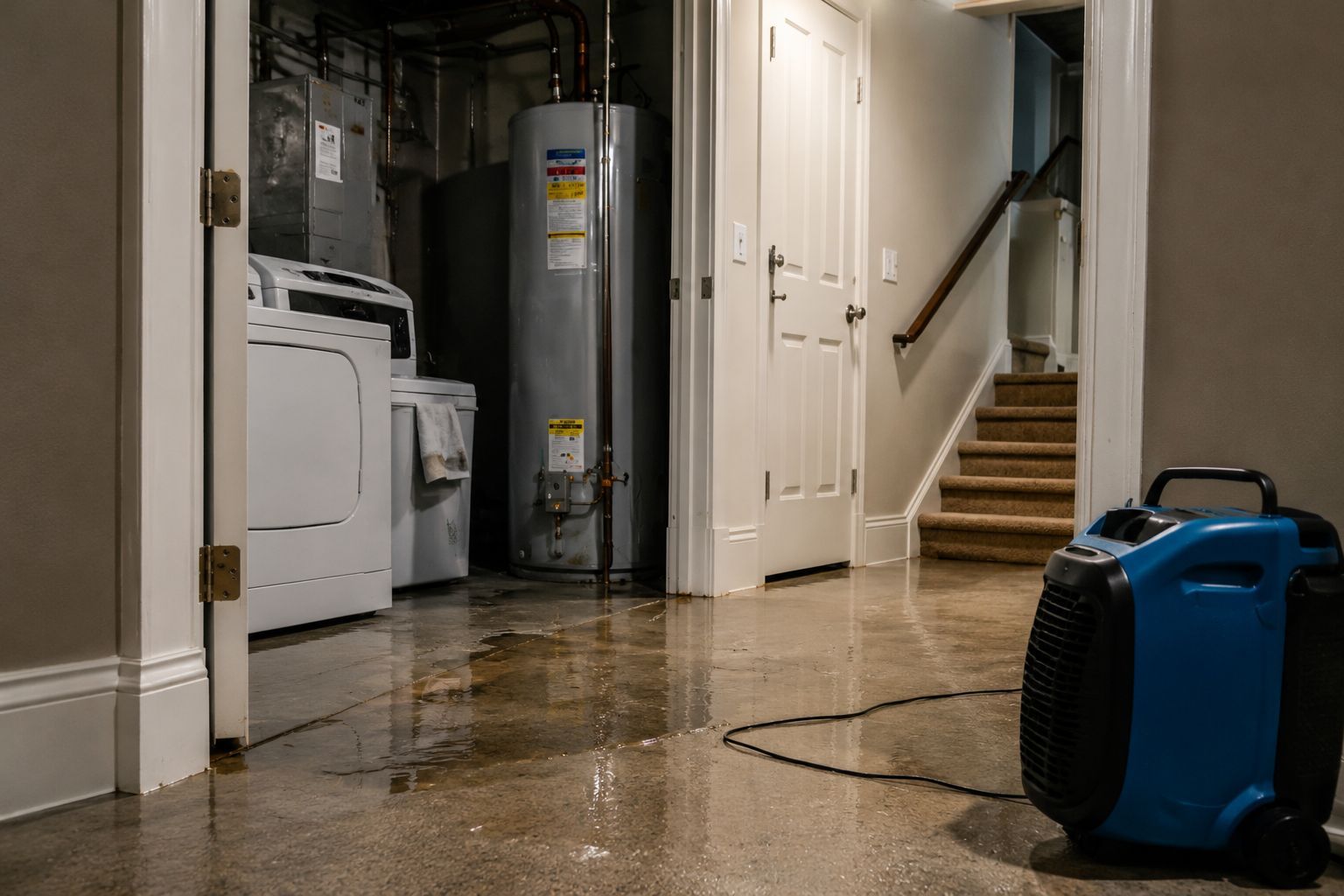 Flooded basement laundry area with standing water, washer, water heater, stairs, and a blue dehumidifier.