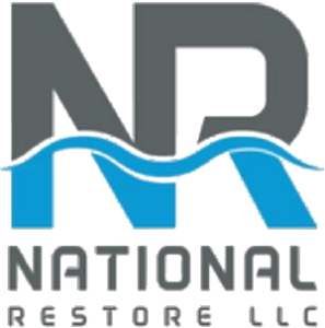 Logo for National Restore LLC, gray and blue. "NR" over a blue wave. "National Restore LLC" below.