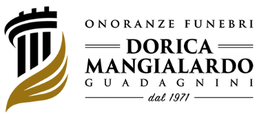 Logo per i servizi funebri di Dorica Mangiaro, con emblema nero e oro e testo “Onoranze Funebri” e “dal 1971”
