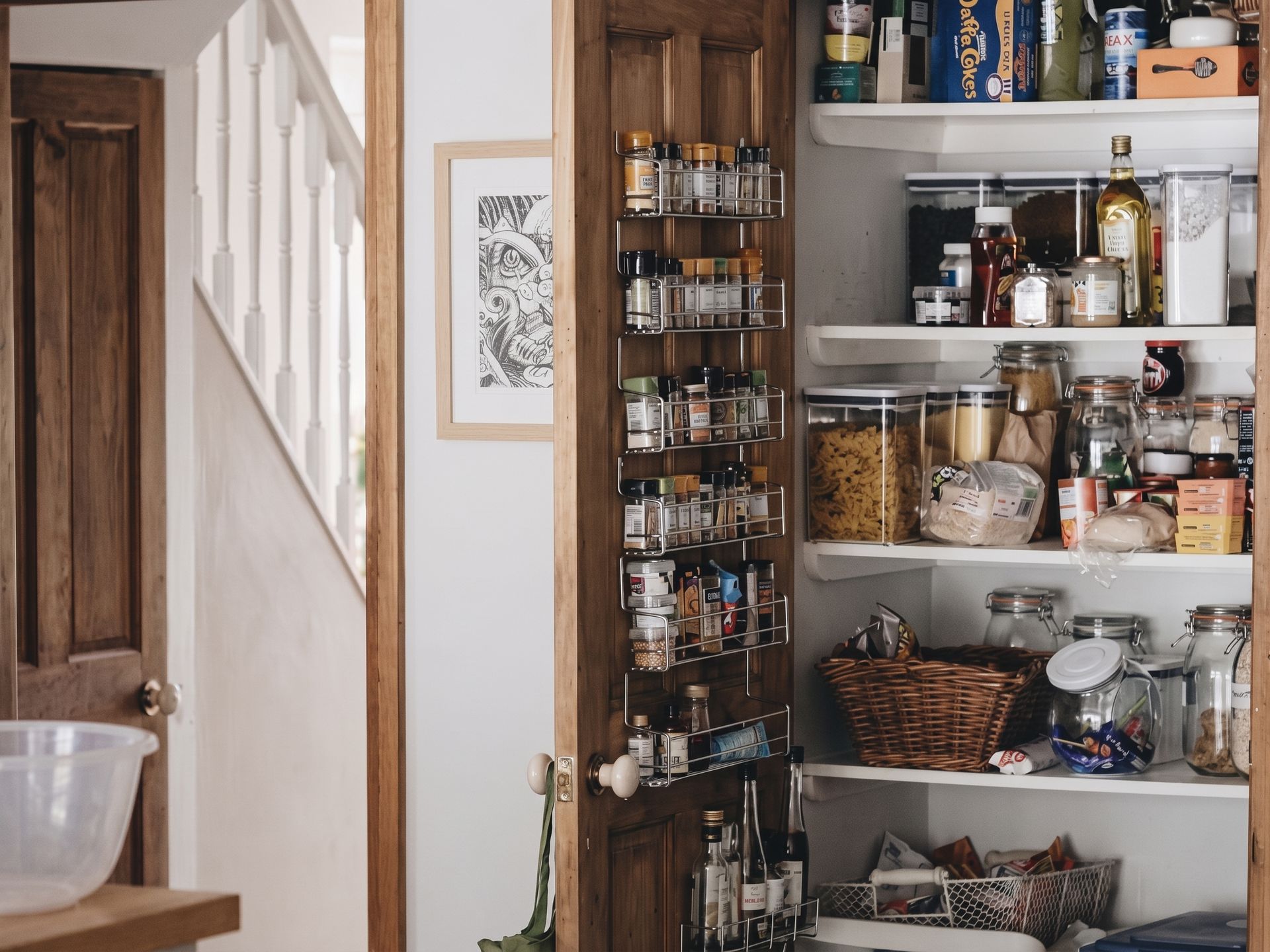 Open pantry shelves with jars, bowls, and kitchen supplies beside a staircase.