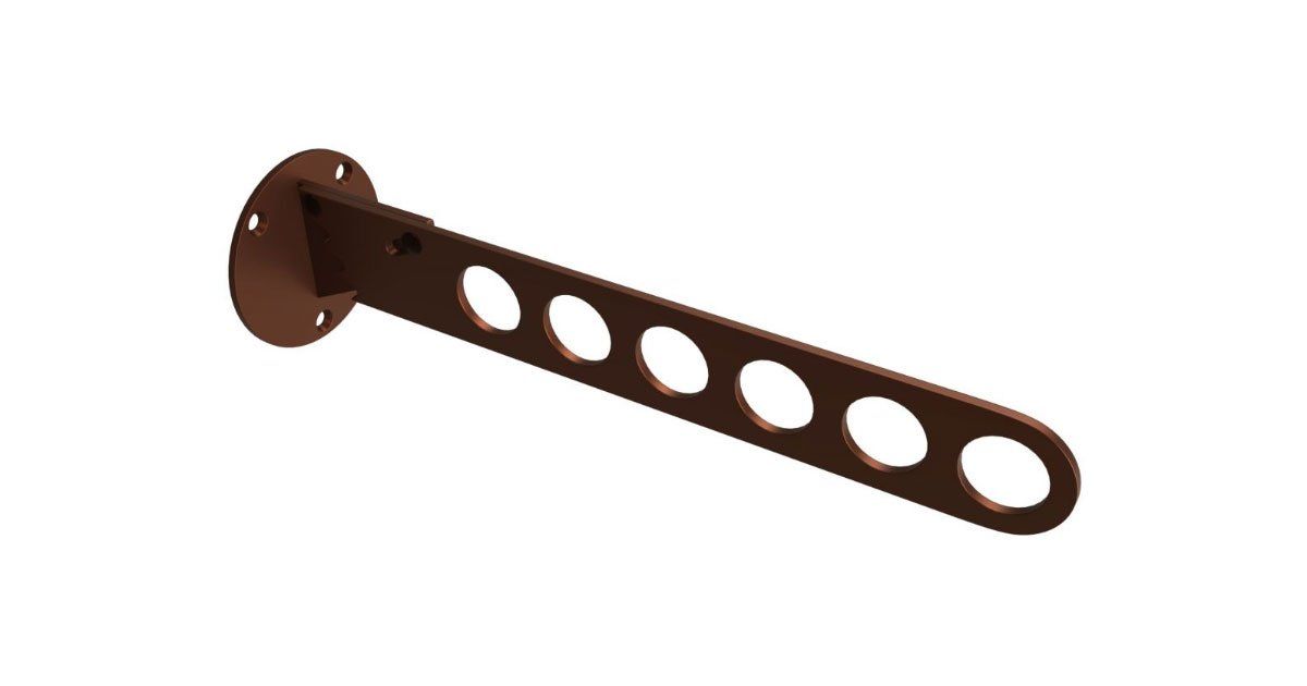 A brown clothes rack with holes in it on a white background.