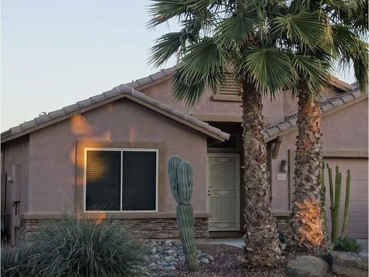 Arizona Home Single-story stucco house with palm trees and cactus in a desert landscape at dusk
